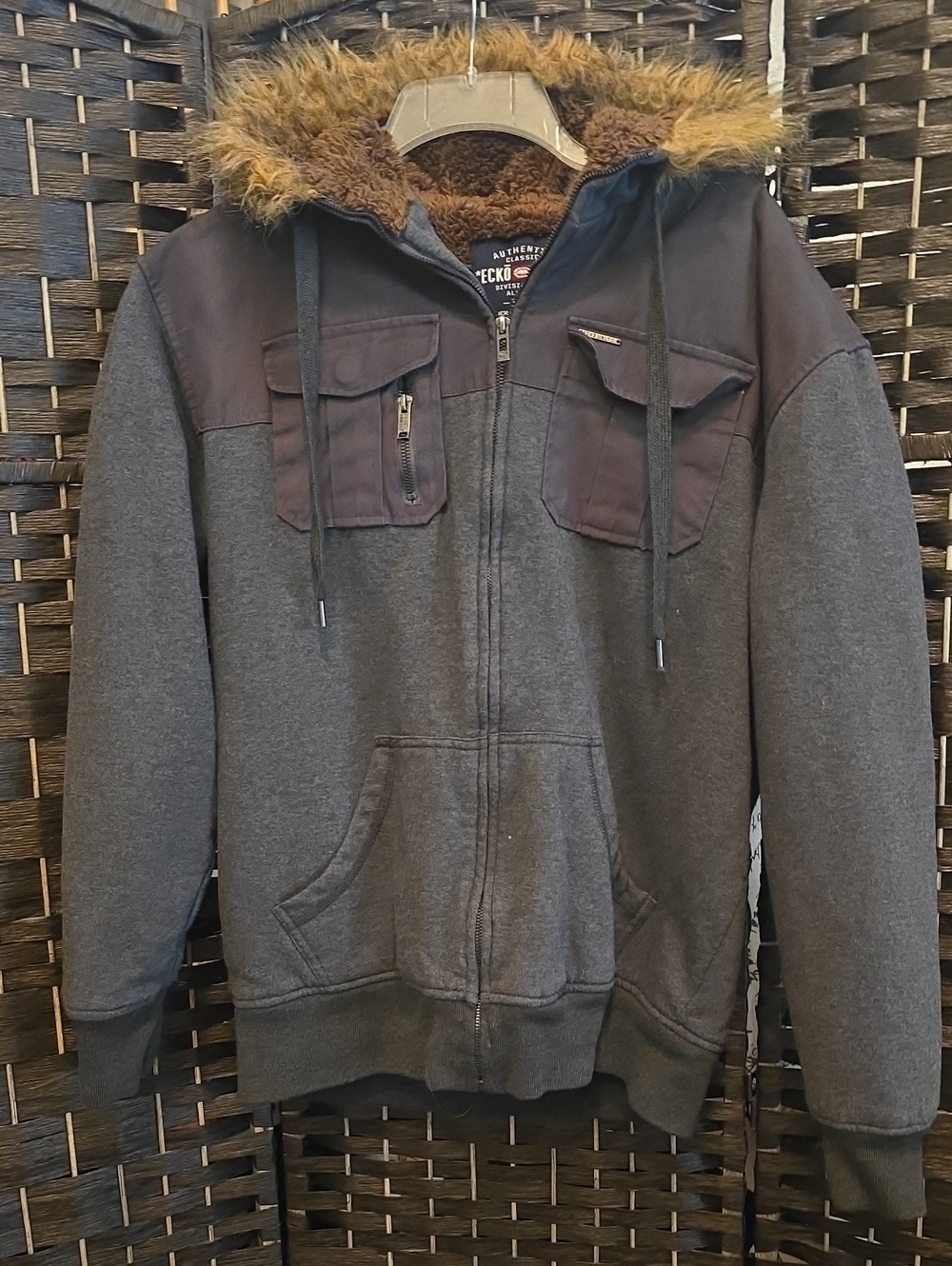 Ecko Unltd. Heavyweight Full-Zip Hoodie Jacket Gray Sherpa Faux Fur Hood, Medium